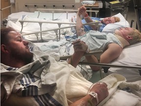 The father of Derek Patter posted this photo on Twitter of his son in hospital holding hands with Humboldt Broncos teammates Greysen Cameron and Nick Shumlanski after a bus crash outside of Tisdale, Sask.