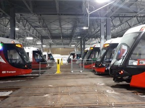 Alstom-built Ottawa LRT vehicles sit in the maintenance and storage facility on Belfast Road.