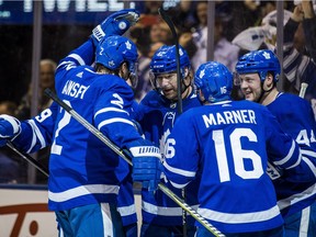 Toronto Maple Leafs Patrick Marleau (centre) celebrates his goal during third period Round 1 Game 3 action against Boston Bruins at the Air Canada Centre in Toronto, Ont. on Monday April 16, 2018.