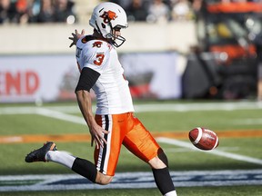 Richie Leone (3) punts the ball during the second half of CFL action between the Edmonton Eskimos and the BC Lions at Commonwealth Stadium in Edmonton, Alta.. on Saturday September 26, 2015. (Ian Kucerak/Postmedia Network)