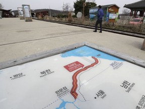 A map of two Koreas showing North Korea's capital Pyongyang and South Korea's capital Seoul is placed at the Imjingak Pavilion in Paju, South Korea, Saturday, April 7, 2018. North and South Korea have held talks over establishing a telephone hotline between their leaders and other communication issues ahead of a rare summit between the rivals later this month. The talks between working-level officials on Saturday, April 7, 2018, at a border village were part of preparatory discussions to set up the April 27 summit between North Korean leader Kim Jong Un and South Korean President Moon Jae-in.