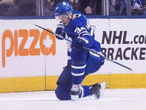 Toronto Maple Leafs' Auston Matthews celebrates his goal against the Montreal Canadiens during NHL action on April 7, 2018