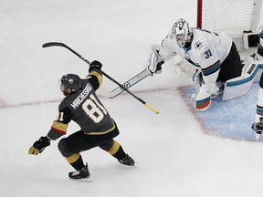 Vegas Golden Knights center Jonathan Marchessault (81) celebrates after a teammate scored against San Jose Sharks goaltender Martin Jones (31) during the first period of Game 2 of an NHL hockey second-round playoff series, Saturday, April 28, 2018, in Las Vegas.