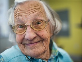 Beatrice Janyk, 95, smiles after donating blood at Canada Blood Services in Vancouver, B.C., on Wednesday April 18, 2018. According to the organization, Janyk, who began donating blood after her late husband was involved in a sawmill accident in 1947, is Canada's oldest blood donor.