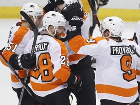 Philadelphia Flyers' Claude Giroux (28) celebrates his goal during the first period in Game 5 of an NHL first-round hockey playoff series against the Pittsburgh Penguins in Pittsburgh, Friday, April 20, 2018.