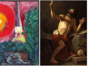 Marc Chagall’s The Eiffel Tower (left) and Jacques-Louis David's Jerome Heard the Trumpets of the Last Judgment (right).