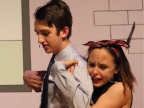 Gavin O'Connor as Sid Sorokin and Carmen Milewski as Gladys perform in the The Pajama Game, performed on April 6, 2018, at Woodroffe High School in Ottawa.
