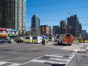 Emergency services close Yonge Street in Toronto after a van mounted a sidewalk crashing into a number of pedestrians on Monday, April 23, 2018.