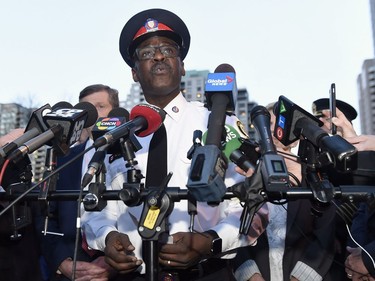 Toronto Police Chief Mark Saunders speaks during a news conference in Toronto on Monday, April 23, 2018. Nine people died and 16 others were injured when a van mounted a sidewalk and struck multiple pedestrians along a stretch of one of Toronto's busiest streets, authorities said Monday, calling it "a horrific attack."