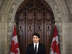 Prime Minister Justin Trudeau makes a statement on the incident involving pedestrians being struck by a van in Toronto, in the Foyer of the House of Commons on Parliament Hill on Tuesday, April 24, 2018 in Ottawa.