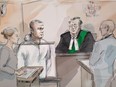 Duty counsel Georgia Koulis, left to right, Alek Minassian, Justice of the Peace Stephen Waisberg, and Crown prosecutor Joe Callaghan are shown in court in Toronto on Tuesday, April 24, 2018 in this courtroom sketch. A man accused of driving a van into pedestrians along a stretch of a busy Toronto street has been charged with 10 counts of first-degree murder. Alek Minassian, of Richmond Hill, Ont., is also facing 13 counts of attempted murder.