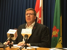 Premier Scott Moe speaks to reporters at the Cabinet Office in Saskatoon about the Humboldt Broncos bus crash on April 7, 2018. (Erin Petrow/ StarPhoenix)