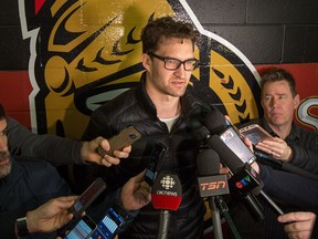 Mark Stone of the Ottawa Senators clear out their lockers and have their exit meetings with coaches and management at Canadian Tire Centre following the final game of the season on Saturday.