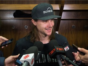 Erik Karlsson discusses his future with the media as the Ottawa Senators clear out their lockers and have their exit meetings with coaches and management at Canadian Tire Centre following the final game of the season .