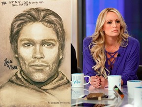 Left: This artist's drawing released by attorney Michael Avenatti, reports to show the man that the adult film actress Stormy Daniels says threatened her in a Las Vegas parking lot in 2011 to remain quiet about her affair with President Donald Trump. Right: Stormy Daniels.