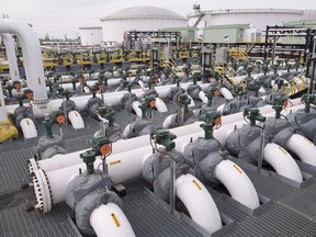 Pipes are seen at the Kinder Morgan Trans Mountain facility in Edmonton, Alta.