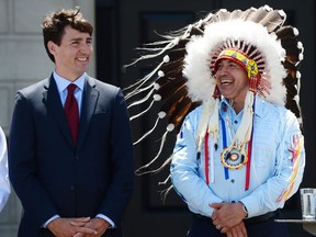 Prime Minister Justin Trudeau and Perry Bellegarde, national chief of the Assembly of First Nations, celebrate National Indigenous Peoples Day in Ottawa on Wednesday, June 21, 2017.
