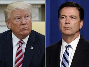 In this combination photo, President Donald Trump, left, appears in the Oval Office of the White House in Washington on May 10, 2017, and FBI Director James Comey appears at a news conference in Washington on June 30, 2014. (Evan Vucci/Susan Walsh/AP Photos/Files)