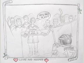 Love and hockey unite by Kerry MacGregor  Cartoon showing Humboldt Broncos and Jonathan Pitre.