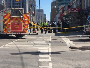 Police close off Yonge St near Sheppard after 8-10 people have been struck by a vehicle on Monday April 23, 2018.