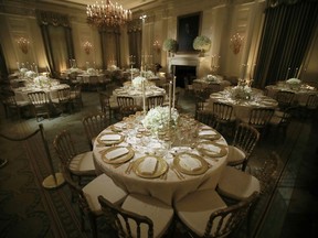 The State Dining Room at the White House is set for the first State Dinner that President Donald Trump will host as president with French President Emmanuel Macron in Washington, Monday, April 23, 2018. The State Dinner will be held on April 24.