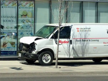 The vehicle involved after 8-10 people were struck by a white van along Yonge St. near Finch Ave April 23/2018.