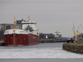 Ships in the Welland Canal near Lock 8 in Port Colborne, Ont., Friday, March 28, 2014.