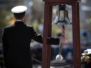The Anniversary of the Battle of the Atlantic Ceremony to commemorate the sacrifices made by thousands of Canadians who fought in the North Atlantic took place in Ottawa Sunday May 6, 2018, at the National War Memorial. Master Seaman Ryan Clifford rang the bell as the announced those lost.   Ashley Fraser/Postmedia