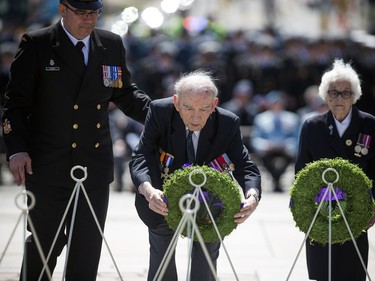 The Anniversary of the Battle of the Atlantic Ceremony to commemorate the sacrifices made by thousands of Canadians who fought in the North Atlantic took place in Ottawa Sunday May 6, 2018, at the National War Memorial. Second World War veteran Alex Polowin laid a wreath Sunday.   Ashley Fraser/Postmedia