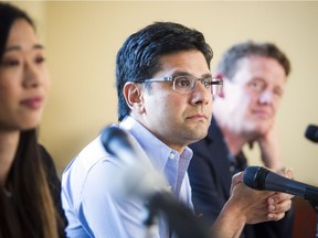 Three Ottawa Centre candidates debated at the jam-packed Glebe Community Centre on Thursday, May 17, 2018. From left, are the Green Party's Cherie Wong, Liberal candidate Yasir Naqvi and NDP candidate Joel Harden.