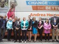 NDP leader Andrea Horwath made a campaign stop in Ottawa Sunday May 20, 2018. Horwath is pictured with the Ottawa candidates outside her bus Sunday morning.   Ashley Fraser/Postmedia
