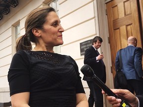 Minister of Foreign Affairs Chrystia Freeland speaks with media in Washington, D.C. on Tuesday, April 24, 2018.