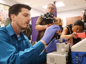 Karl Wasslen, Carleton mass spectrometry centre lab manager, demonstrates the new portable mass spectrometer at the Sandy Hill Community Health Centre on Thursday, May 03, 2018.