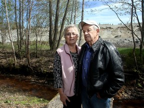 Snowbirds Lorraine and Larry St. Denis came home to Greely from Florida recently to find a mountain of dirt had been dumped behind their backyard.