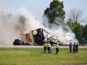 Emergency services on the scene of a tractor trailer crash and fire in the westbound lanes of Highway 401 near Tyendinaga.