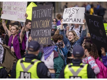 Pro-Choice supporters demonstrate at Slater and Elgin St. during the annual March for Life in Ottawa Thursday, May 10, 2018. The pro-choice supporters had previously blocked the March for Life on Elgin St., forcing it to turn back towards Parliament Hill.