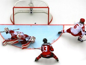 Ryan Nugent Hopkins #93 of Canada scores the 6th goal over  Denmark during the 2018 IIHF Ice Hockey World Championship group stage game between Canada and Denmark at Jyske Bank Boxen on May 7, 2018 in Herning, Denmark.