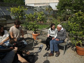 BASEL, SWITZERLAND - MAY 09:  Australian botanist and academic David Goodall (R), who is 104 years old, chats with Taiwanese actress and television hostess Bowie Tsang during the filming of a documentary film about Goodall at the Basel University Botanical Gardens as one of Goodall's grandsons (L) abd the grandson's wife look on the day before Goodall's planned assisted suicide on May 9, 2018 in Basel, Switzerland. Goodall said he made the decision because he had no other choice, as Australia does not allow assisted suicide. Goodall is being assisted by Exit International and plans to end his life on May 10.