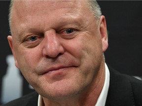 Head coach Gerard Gallant of the Vegas Golden Knights speaks during a news conference following his team's 4-2 win over the Winnipeg Jets in Game Three of the Western Conference Finals during the 2018 NHL Stanley Cup Playoffs at T-Mobile Arena on May 16, 2018 in Las Vegas, Nevada.
