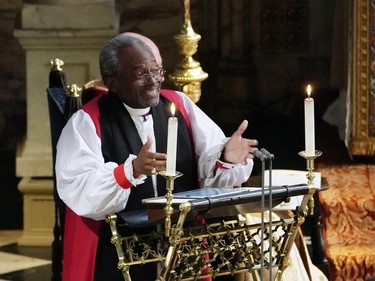 WINDSOR, UNITED KINGDOM - MAY 19: The Most Rev Bishop Michael Curry, primate of the Episcopal Church, gives an address during the wedding of Prince Harry and Meghan Markle in St George's Chapel at Windsor Castle on May 19, 2018 in Windsor, England.
