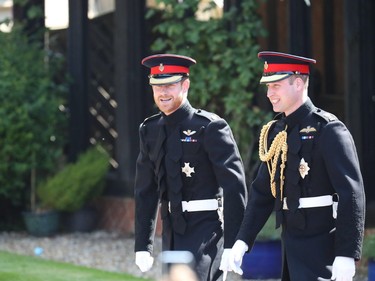 WINDSOR, UNITED KINGDOM - MAY 19:  Prince Harry (R) and his best man Prince William, Duke of Cambridge arrive at St George's Chapel at Windsor Castle for the wedding of Prince Harry and Meghan Markle in St George's Chapel at Windsor Castle on May 19, 2018 in Windsor, England.