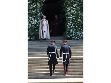Prince Harry (R) and his best man Prince William, Duke of Cambridge arrive at St George's Chapel at Windsor Castle for the wedding of Prince Harry and Meghan Markle in St George's Chapel at Windsor Castle on May 19, 2018 in Windsor, England.