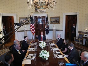 WASHINGTON, DC - MAY 21:  U.S. President Donald Trump speaks about immigration laws during a dinner with former and present governors in the Blue Room at the White House on May 21, 2017 in Washington, DC.