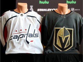 A detailed view of the jerseys of the Washington Capitals and the Vegas Golden Knights during Media Day for the 2018 NHL Stanley Cup Final at T-Mobile Arena on May 27, 2018 in Las Vegas, Nevada.