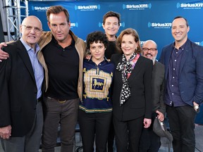 (Back Row L-R) Jeffrey Tambor, Jason Bateman, Tony Hale, David Cross (Front Row L-R) Will Arnett, Alia Shawkat and Jessica Walter take part in SiriusXM's Town Hall with the cast of Arrested Development on May 21, 2018 in New York City.