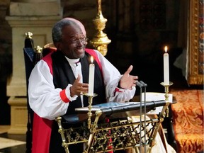 Bishop Michael Bruce Curry gives a reading during the wedding ceremony of Britain's Prince Harry, Duke of Sussex and US actress Meghan Markle in St George's Chapel, Windsor Castle, in Windsor, on May 19, 2018.