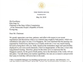 TOPSHOT - This screenshot taken on May 24, 2018 in Washington DC shows a copy  of the letter US President Donald Trump adressed earlier to North Korean leader Kim Jong Un announcing that the planned summit between them in Singapore on June 12 "will not take place".