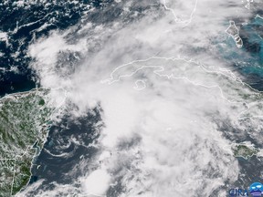 This image obtained from the National Oceanic and Atmospheric Administration shows Subtropical Storm Alberto (C) in the Caribbean on May 25, 2018, giving an early kickoff to the Atlantic hurricane season one week ahead of schedule.