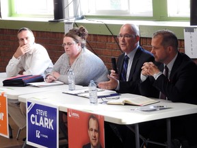 Wayne Lowrie/The Recorder and Times From left, Derek Morley, Michelle Taylor, Steve Clark and David Henderson participate in Gananoque's all-candidates meeting.