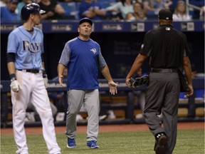 Toronto Blue Jays manager John Gibbons (5) argues after being ejected by home plate umpire Jeremie Rehak during the eightth inning of a baseball game against the Tampa Bay Rays Sunday, May 6, 2018, in St. Petersburg, Fla.